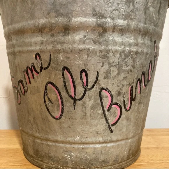 Old Galvanized Bucket with Distressed Finish Writing & Sticker 9” Tall - Picture 5 of 16